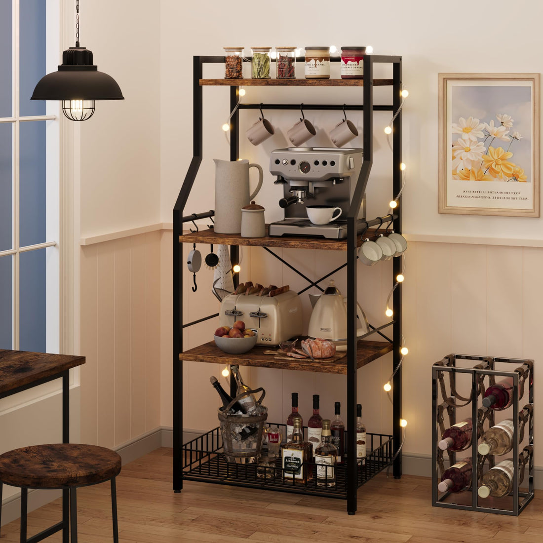 Garvee Étagère de cuisine avec support pour micro-ondes, grand panier en fil métallique, 4 niveaux, structure robuste en MDF et acier, 8 crochets