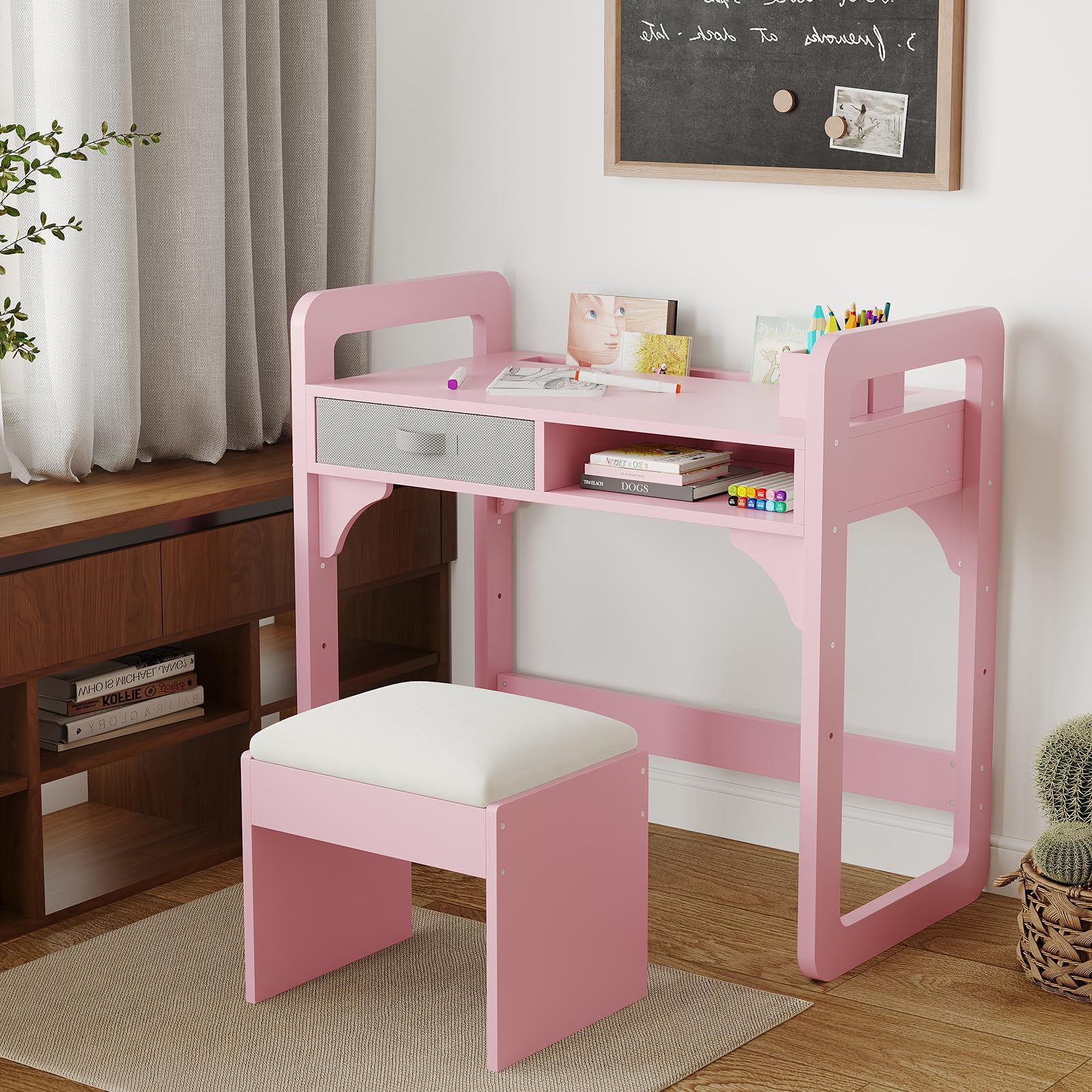 Ensemble bureau et chaise pour enfants Garvee, hauteur réglable et rangement pour apprendre et jouer, 81 cm (H) x 84 cm (L) x 46 cm (l), rose