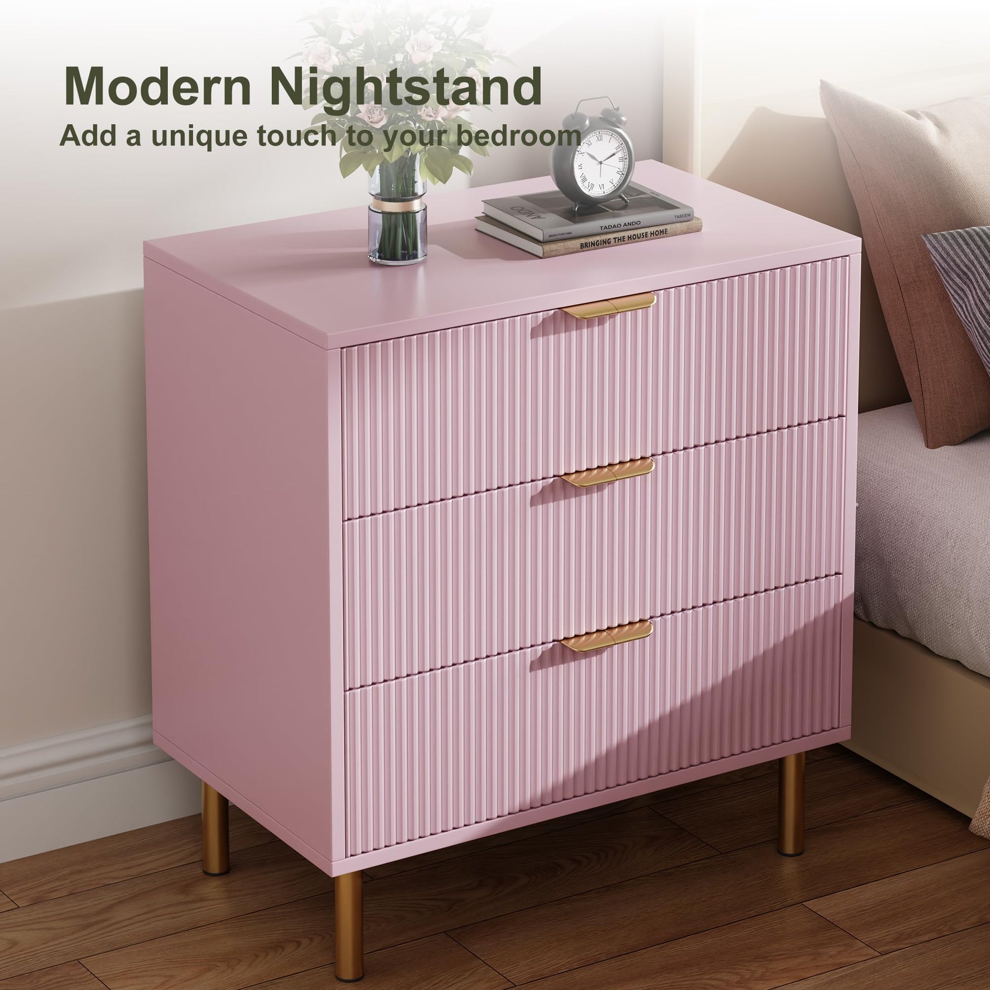 Commode moderne rose Garvee à 3 tiroirs avec poignées dorées pour chambre et salon, 71 x 43 x 76 cm, bois MDF