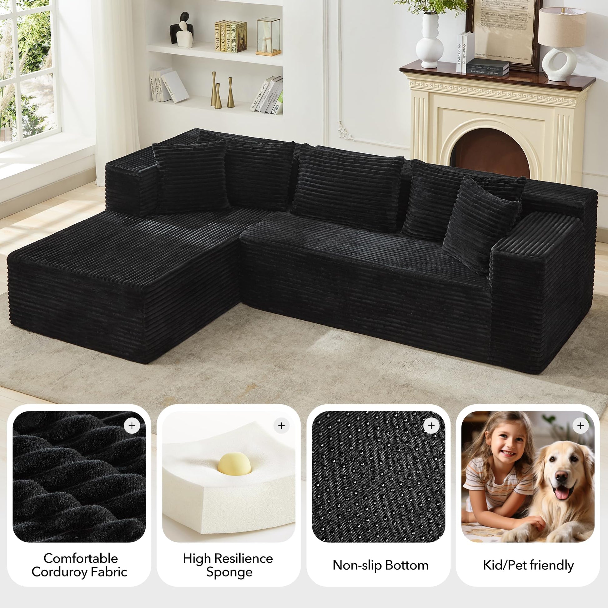 Canapé d'angle Garvee Cloud 106" avec méridienne en L, revêtement en velours côtelé, modulable, pour salon ou chambre, confort d'assise profond, beige