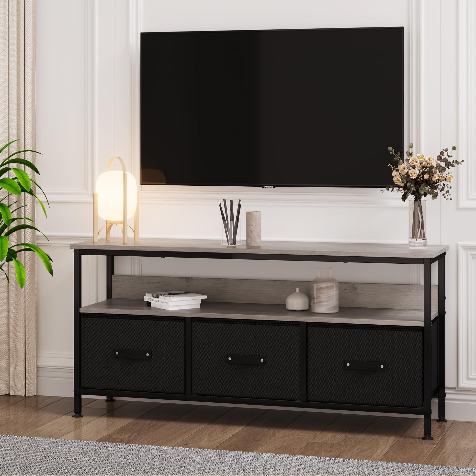 Garvee Commode/meuble TV 140 cm avec tiroirs en tissu et pieds réglables pour salon et chambre, gris, en bois MDF robuste