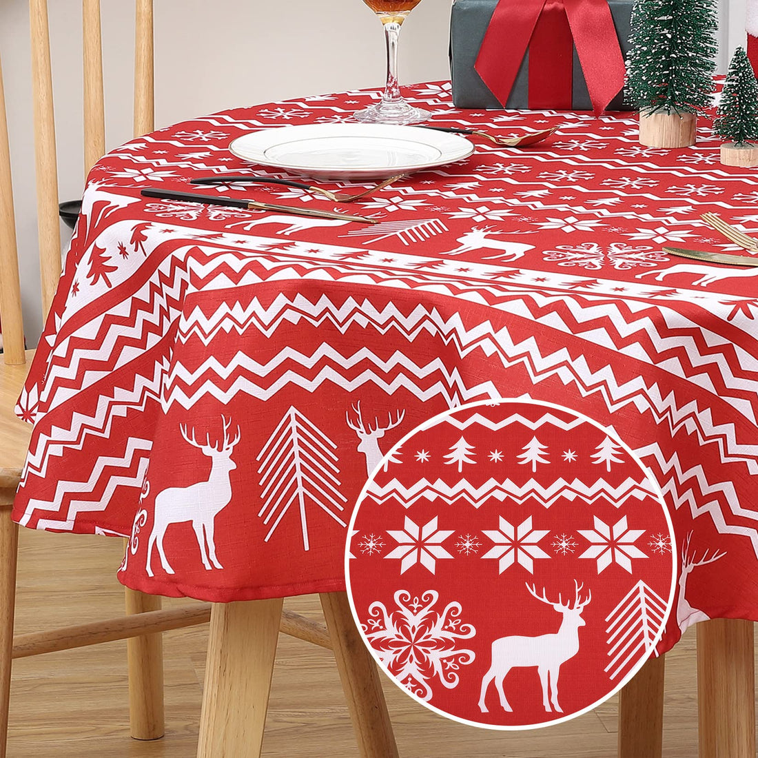 Garvee Nappe de Noël ronde, verte, déperlante et antitache, 100 % polyester, motif flocons de neige et rennes, idéale pour les fêtes de Noël et la maison, 152 cm