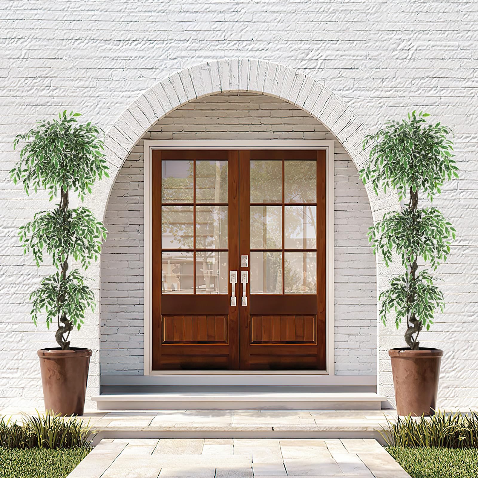 Garvee Ficus artificiel panaché blanc 180 cm en PE, feuillage réaliste et durable pour décoration intérieure et extérieure