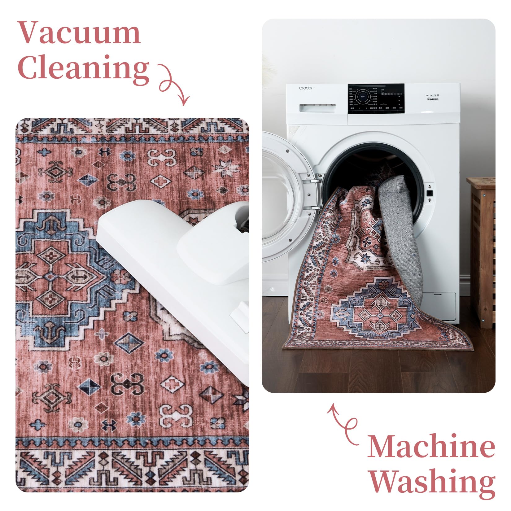 Tapis de salon vintage Garvee, doux, lavable, style campagnard oriental, rose, 160 x 230 cm