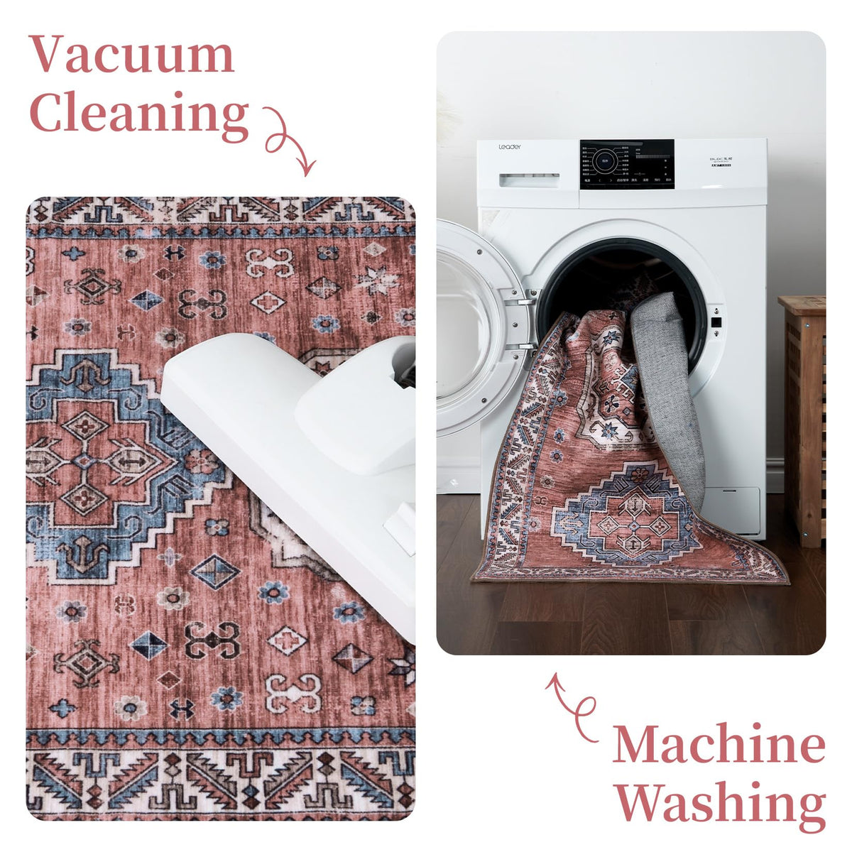 Tapis de salon vintage Garvee, doux, lavable, style campagnard oriental, rose, 120 x 170 cm