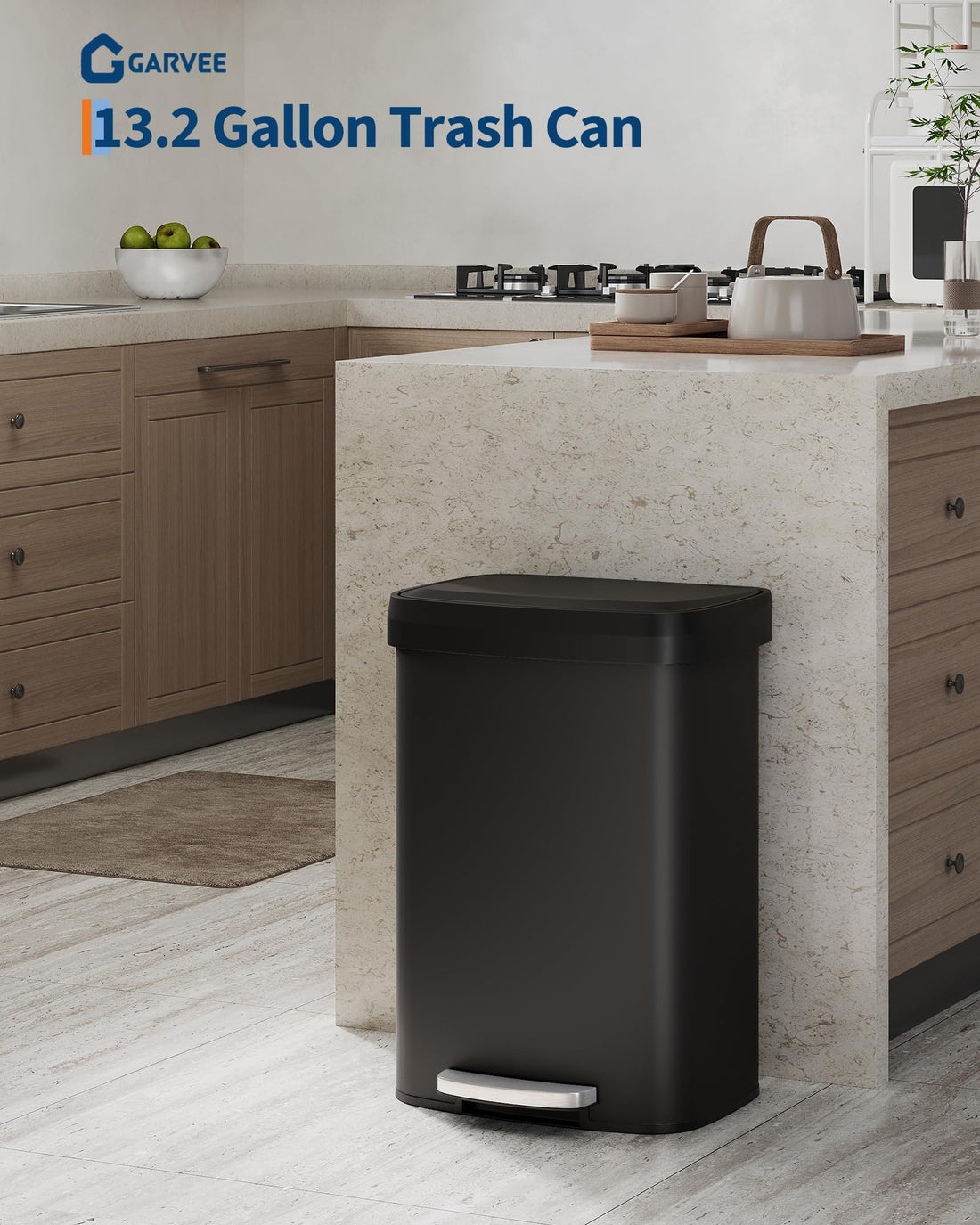Poubelle métallique Garvee 50 L (13 gal) avec couvercle à fermeture douce, noire, pour la cuisine et le bureau, antirouille, compacte