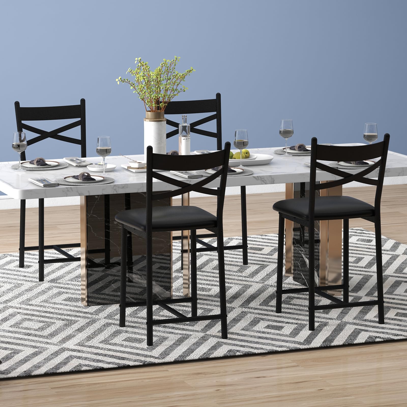 Ensemble de 4 tabourets de bar Garvee, 57 cm (22,4 pouces), dossier en forme de X, rembourrage épais, structure en métal, revêtement en cuir PU, marron-noir rustique pour la cuisine et la salle à manger