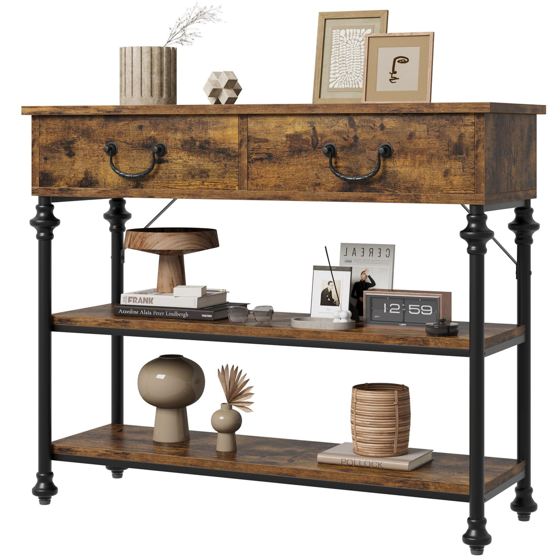 Console Garvee pour entrée, étroite, avec 2 tiroirs, grande étagère, structure en métal, marron rustique, salon, entrée