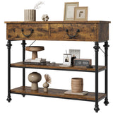 Console Garvee pour entrée, étroite, avec 2 tiroirs, grande étagère, structure en métal, marron rustique, salon, entrée