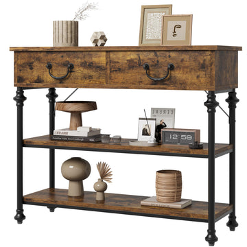 Console Garvee pour entrée, étroite, avec 2 tiroirs, grande étagère, structure en métal, marron rustique, salon, entrée