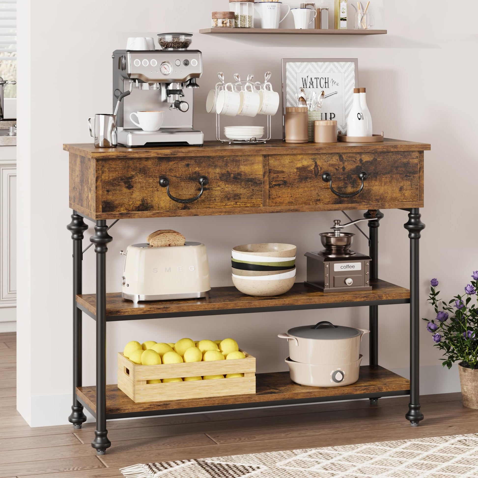 Console Garvee pour entrée, étroite, avec 2 tiroirs, grande étagère, structure en métal, marron rustique, salon, entrée