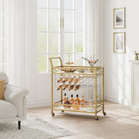 Chariot de bar Garvee Gold avec 2 étagères, casier à vin et porte-verres, structure en fer, étagères en marbre blanc et bois, 4 roues, pour cuisine et salon