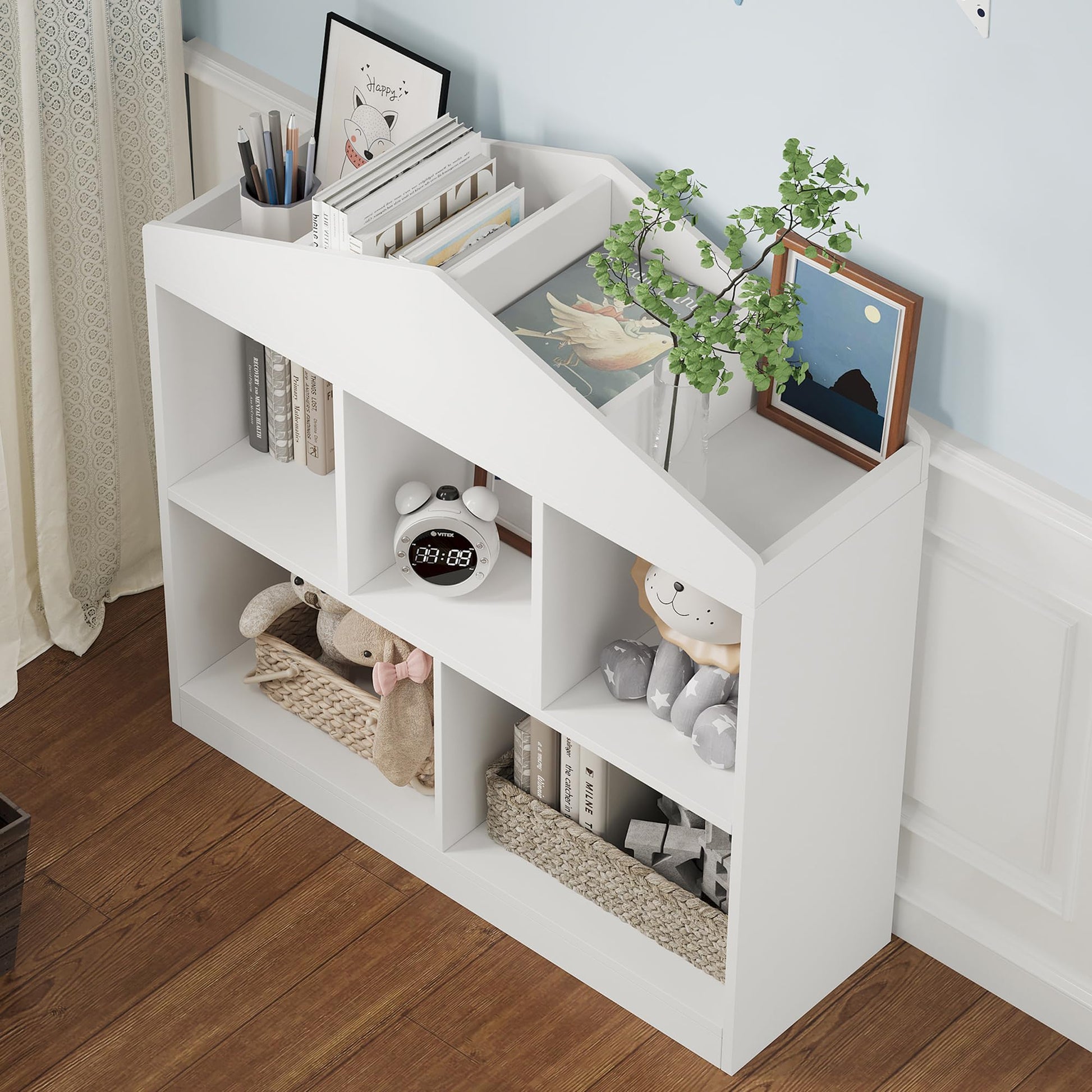 Étagère à jouets Garvee à 5 niveaux avec toit décoratif – Étagère de rangement en bois blanc pour chambres d'enfants, 90 x 90 x 30 cm