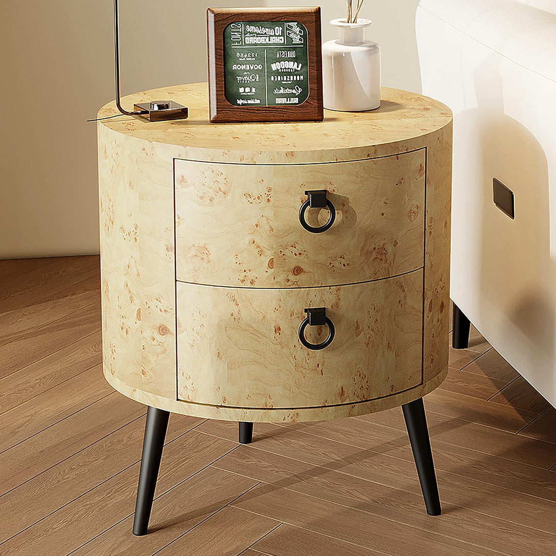 Table d'appoint ronde Garvee avec tiroirs, pieds en bois et métal, pour salon et chambre, 47 cm de diamètre, bois naturel