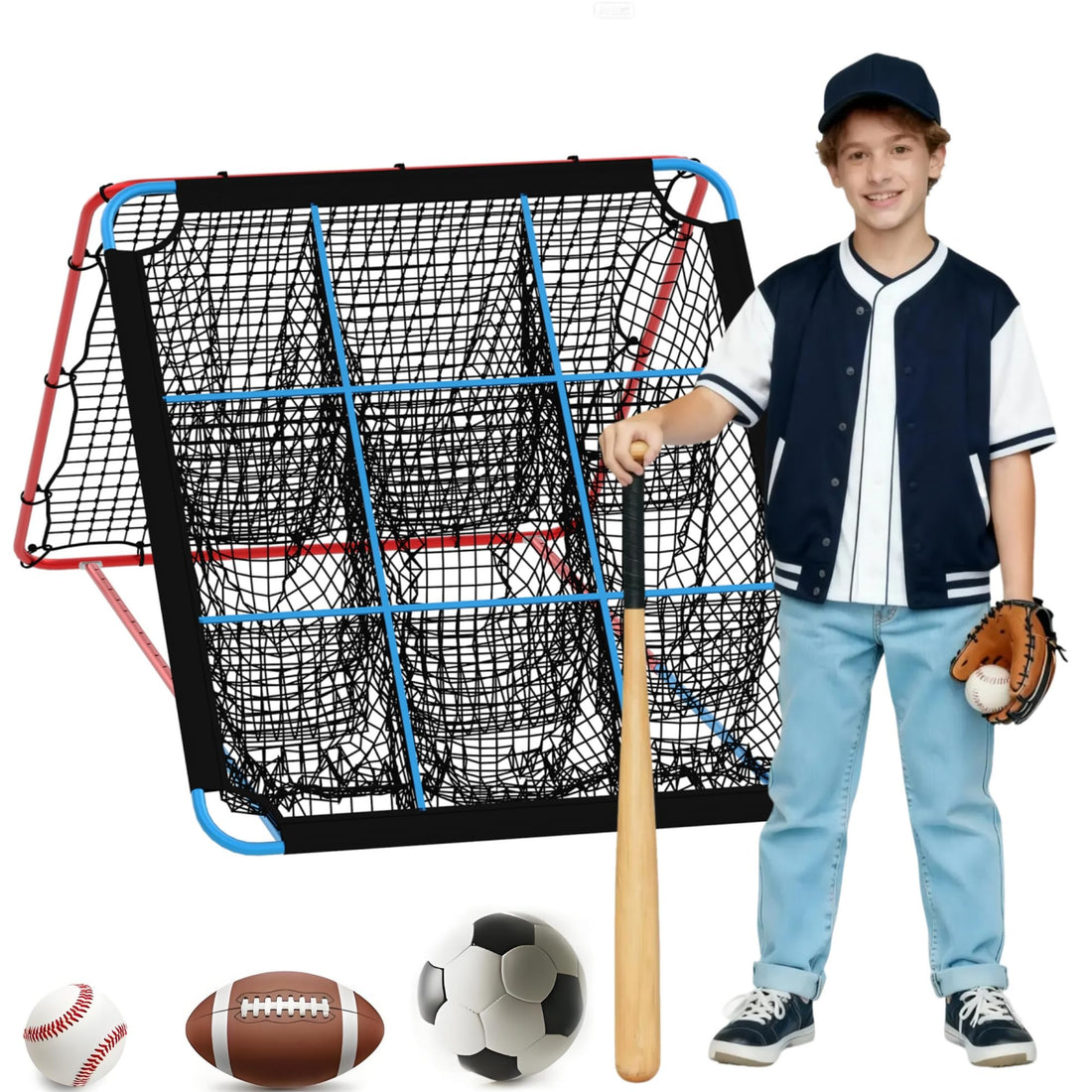 Filet de rebond Garvee pour le baseball, avec 9 poches, pliable et stable, idéal pour l'entraînement en extérieur et en intérieur, ainsi que pour le football et le volley-ball.