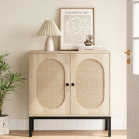 Buffet Garvee avec portes en rotin, double compartiment, pieds en métal, beige, idéal pour le salon et la cuisine.