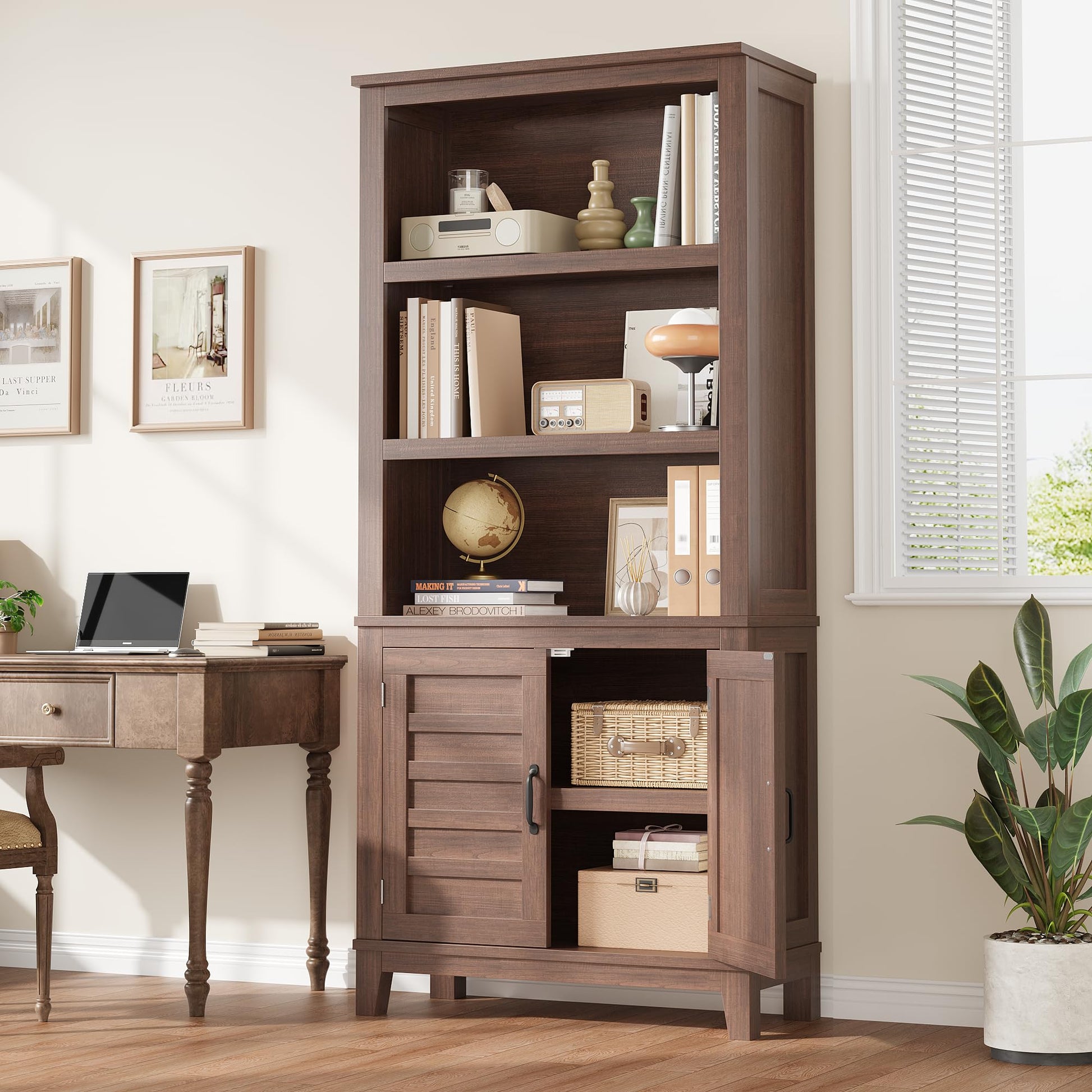 Garvee bibliothèque de style ferme 180 cm avec portes, 5 niveaux, en bois MDF robuste, aspect bois rétro, idéale pour le salon, le bureau ou la bibliothèque