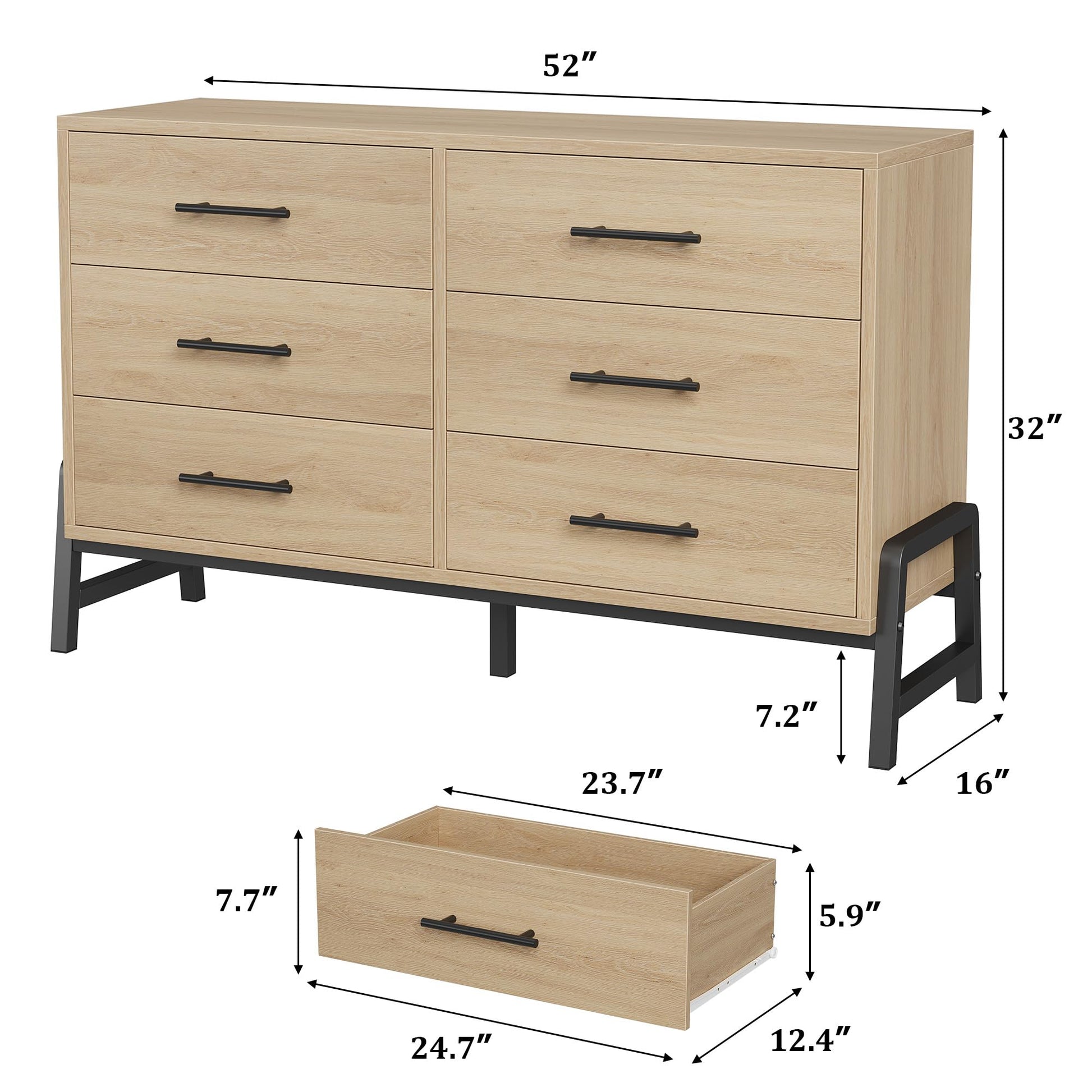 Commode Garvee, 6 tiroirs, 132 cm de large, grand espace de rangement, meuble en bois autoportant, chêne naturel, chambre, salon