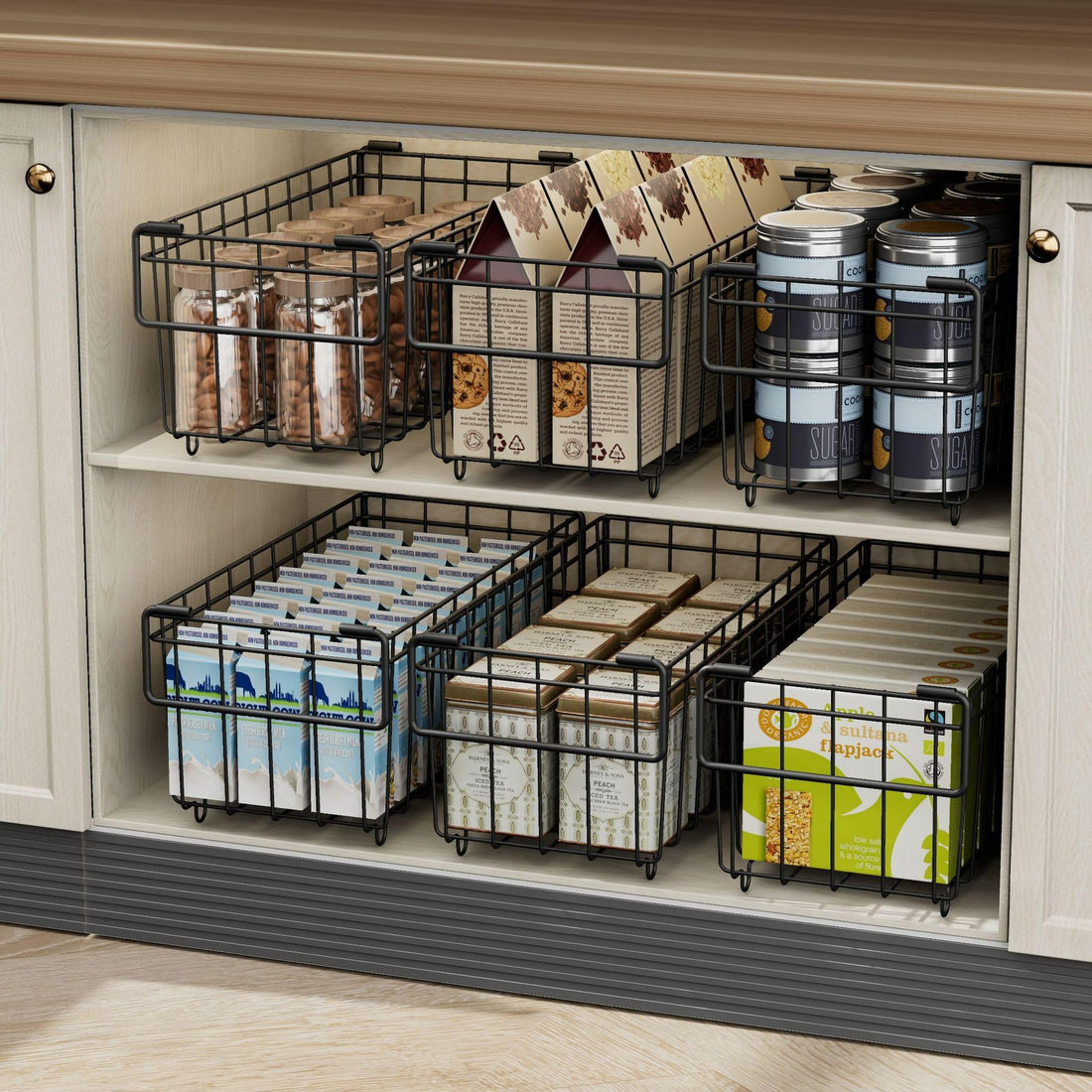 Garvee Lot de 4 paniers empilables en fil métallique robuste, gain de place pour la cuisine et le garde-manger, design ouvert, poignée