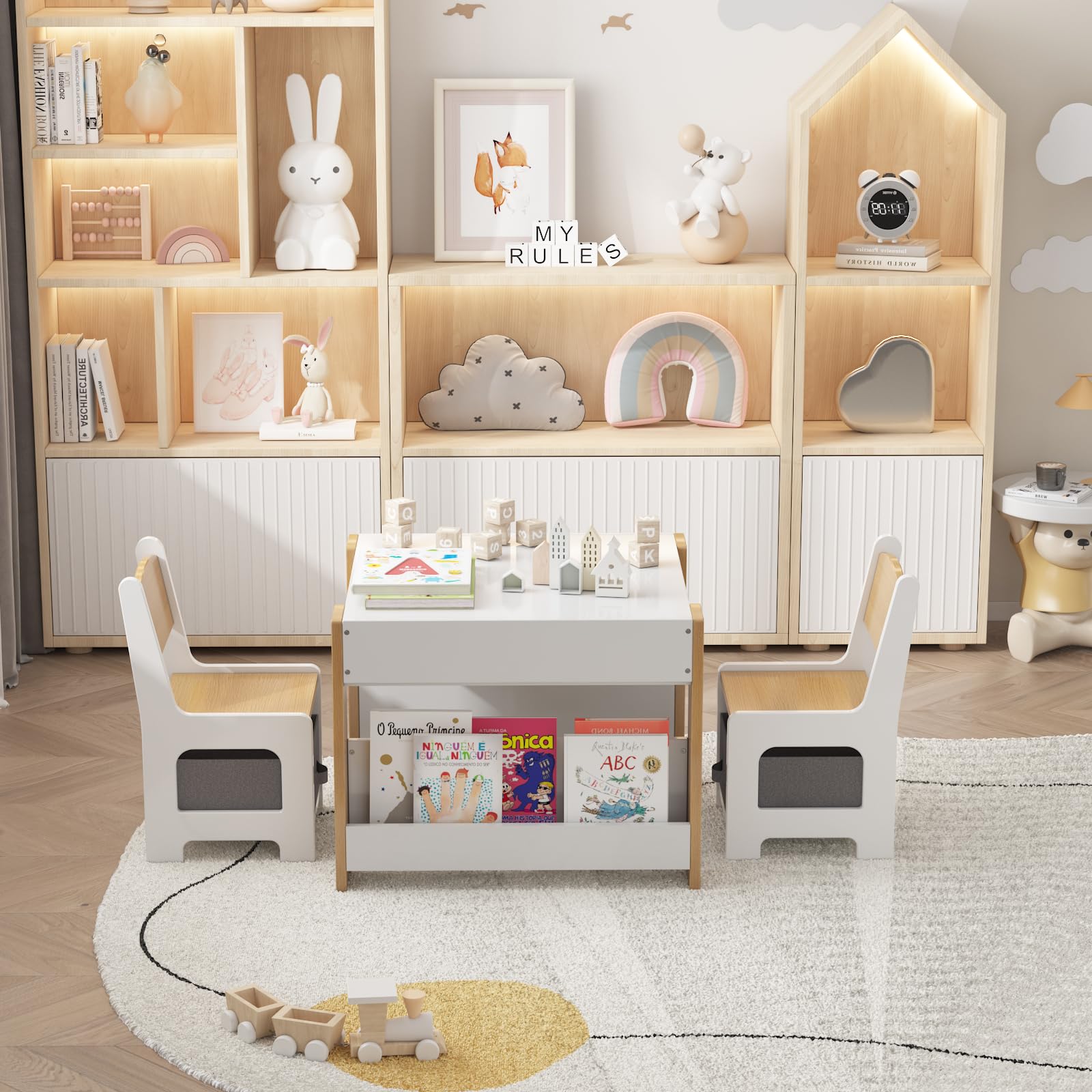 Ensemble table et chaises pour enfants Garvee 4 en 1, table d'activités avec rangement, bois, multifonctionnelle, sûre, pour chambre d'enfant