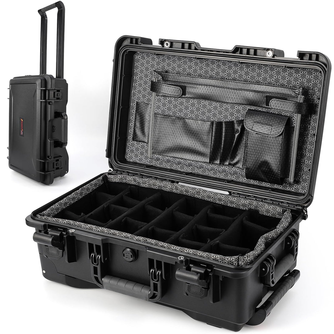 Étui de protection Garvee, en polycarbonate, étanche IPX67, avec roulettes et séparateurs rembourrés, idéal pour les voyages et la photographie, léger et sécurisé.