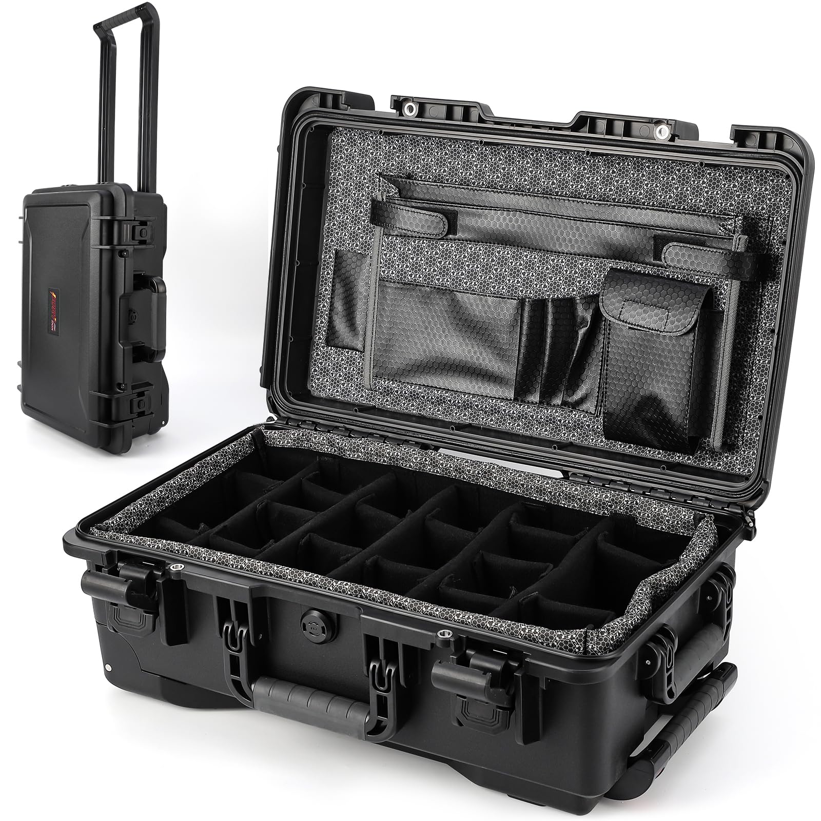 Étui de protection Garvee, en polycarbonate, étanche IPX67, avec roulettes et séparateurs rembourrés, idéal pour les voyages et la photographie, léger et sécurisé.