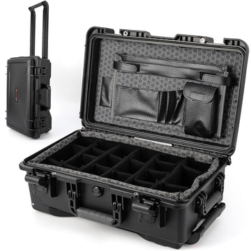 Étui de protection Garvee, en polycarbonate, étanche IPX67, avec roulettes et séparateurs rembourrés, idéal pour les voyages et la photographie, léger et sécurisé.