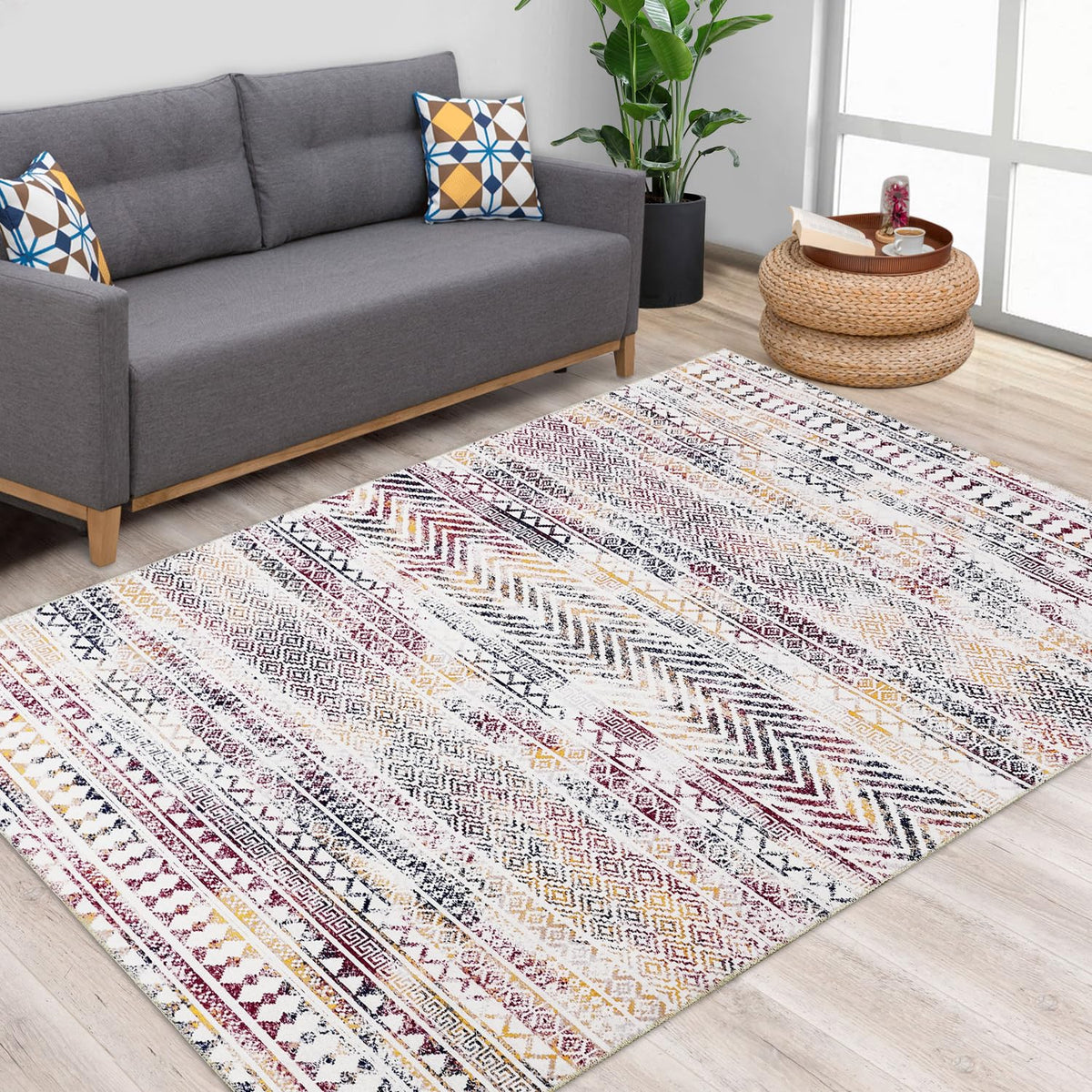 Tapis imperméable Garvee, style marocain bohème, lavable, résistant à l'huile et aux taches, antidérapant, idéal pour les animaux et les enfants, 160 x 230 cm, salon, chambre