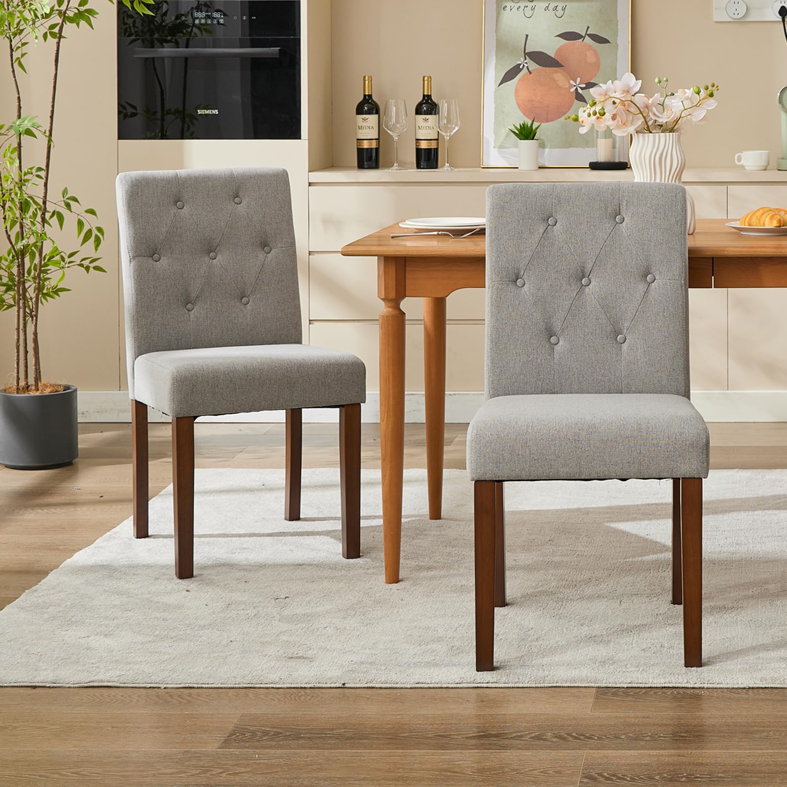 Garvee Ensemble de 2 chaises de salle à manger rembourrées, style Parsons moderne, revêtement en lin doux, pieds en bois robustes, soutien ergonomique