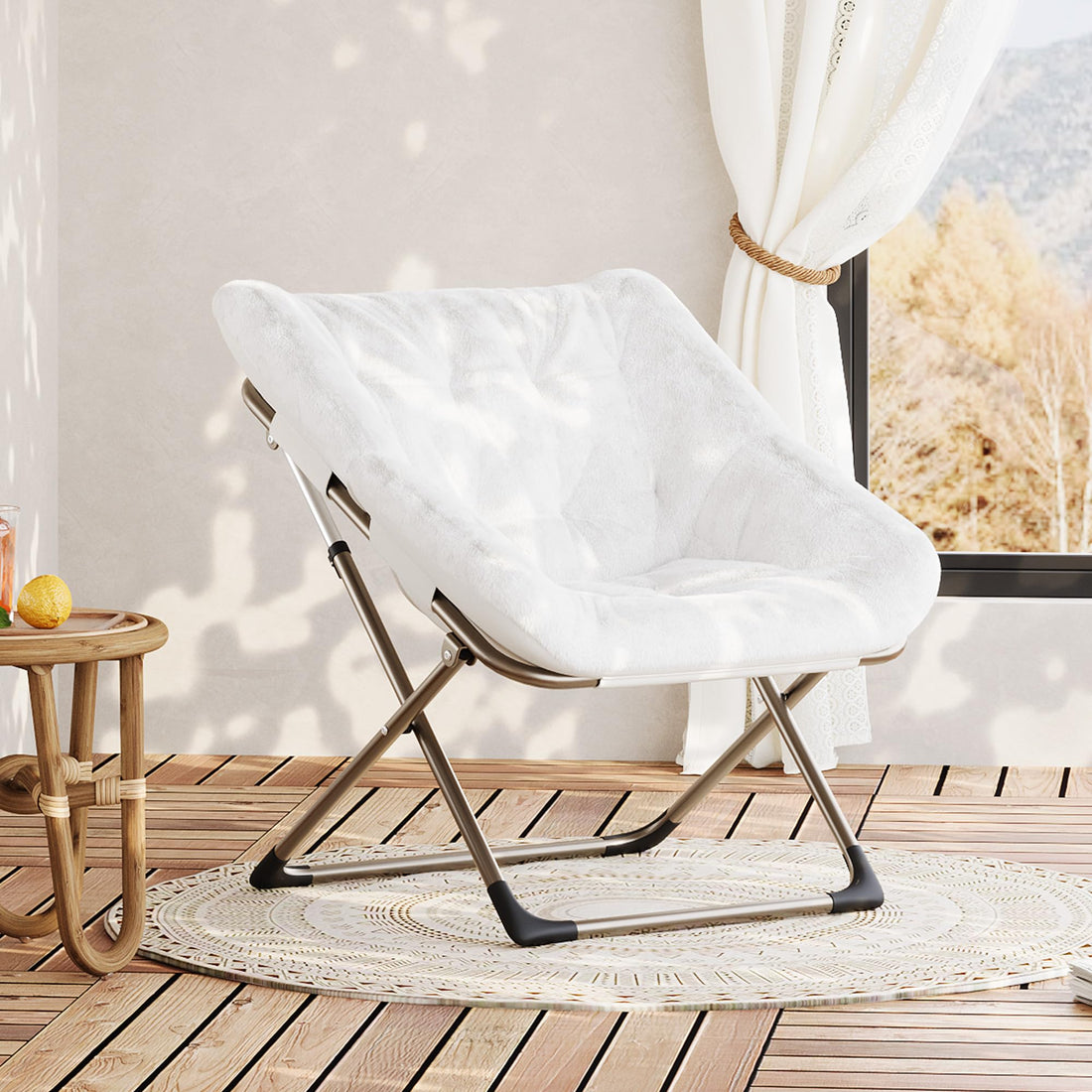 Garvee Fauteuil saucer pliable adulte avec coussin en fausse fourrure, dossier haut, structure en acier, compact et confortable pour appartement et chambre universitaire