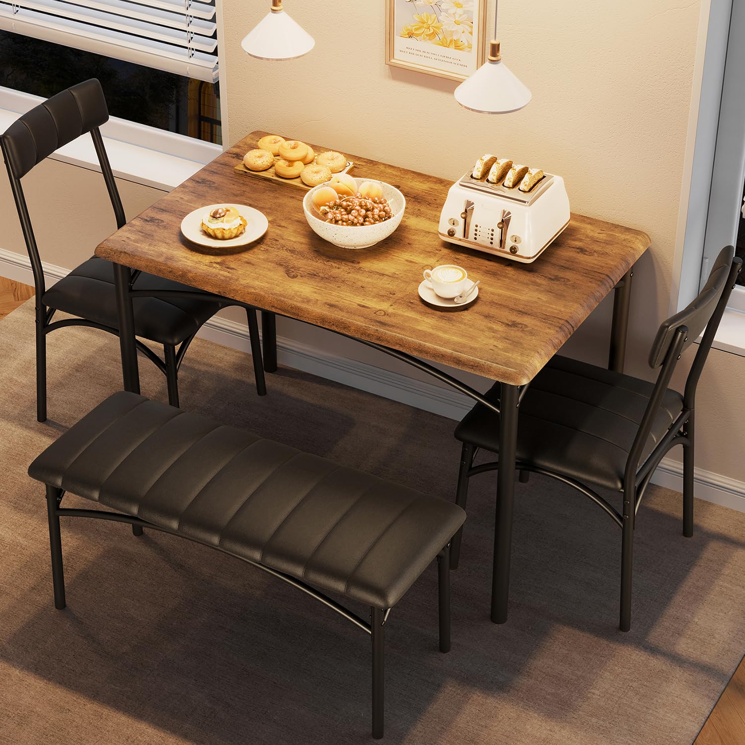 Garvee Ensemble table à manger 4 personnes avec table de cuisine, chaises et banc rembourrés, plateau MDF, structure métal, gain de place pour studio et appartement