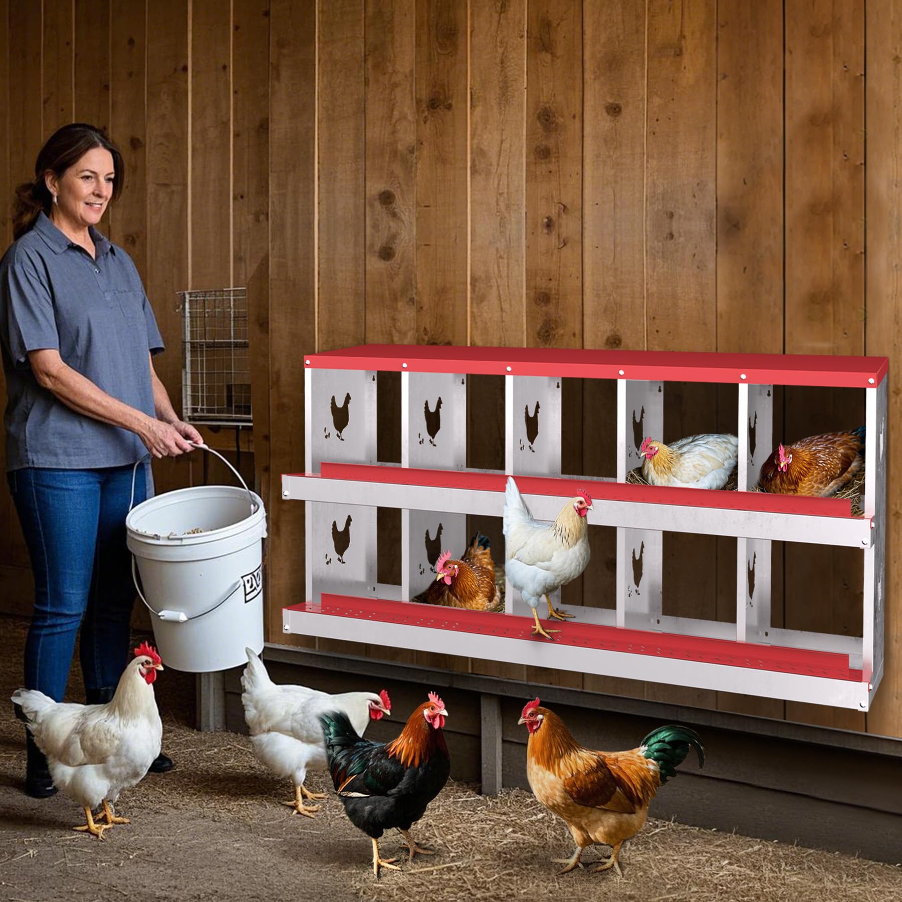 Garvee pondoir métallique pour poules à 10 compartiments, acier galvanisé robuste, système de collecte automatique des œufs par roulement, conception ventilée, fixation murale, rouge, pour poulailler et basse-cour