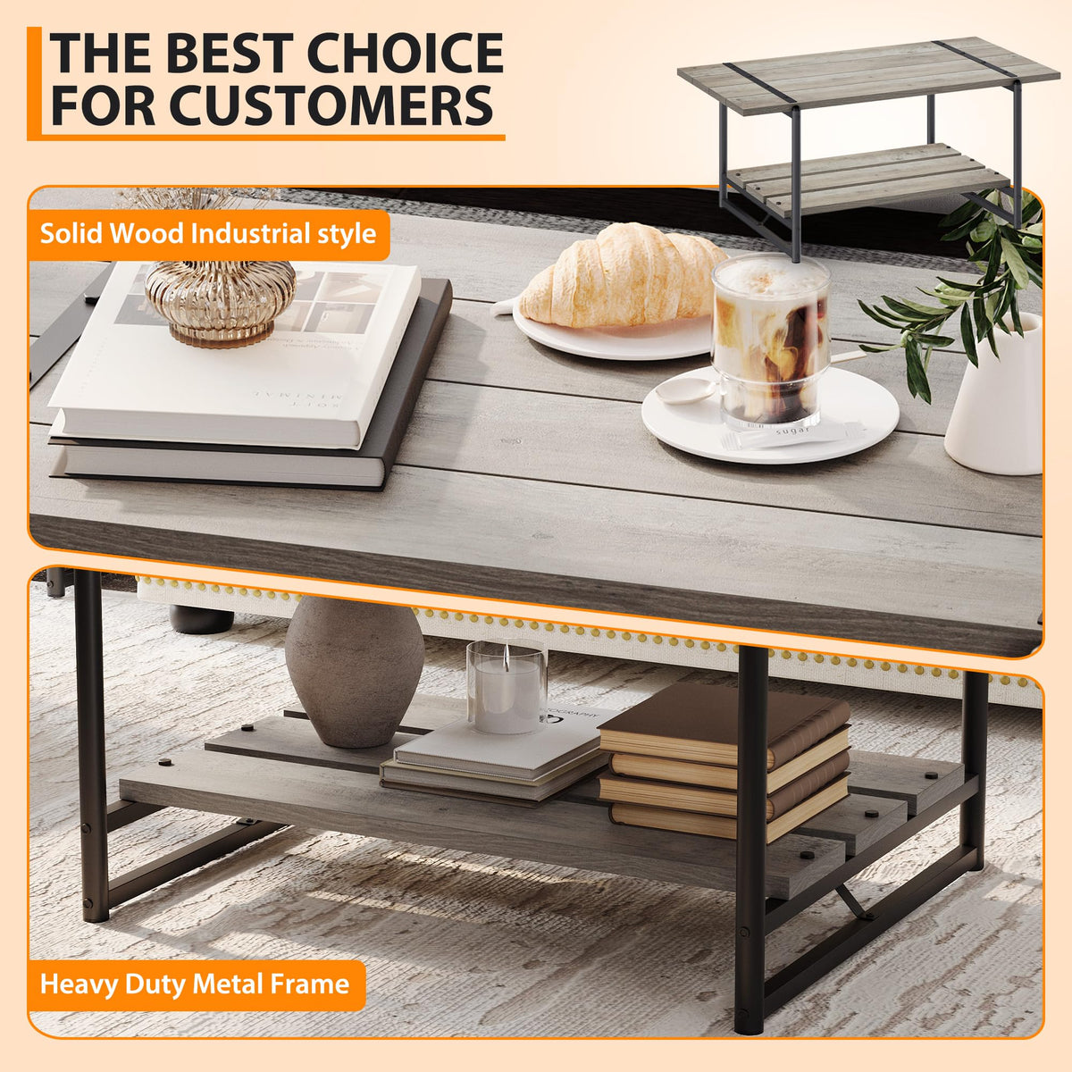 Garvee table basse de ferme à 2 niveaux 41'' en bois gris avec rangement et structure en métal pour le salon et le bureau, style rustique-moderne