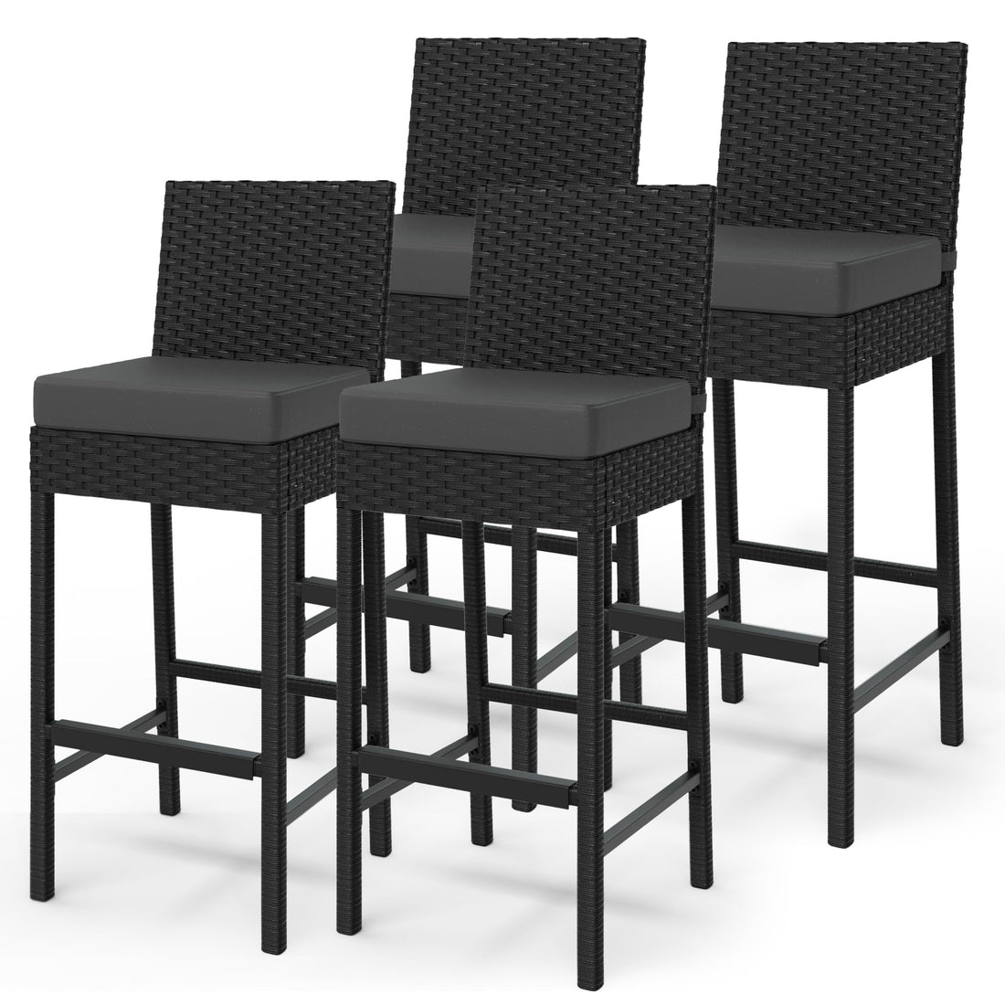 Ensemble de 4 tabourets de bar d'extérieur Garvee en résine tressée - Ergonomiques et robustes - Structure en rotin PE et acier - Pour jardin et terrasse - 40,6 x 45 x 103,6 cm - Noir résistant aux intempéries