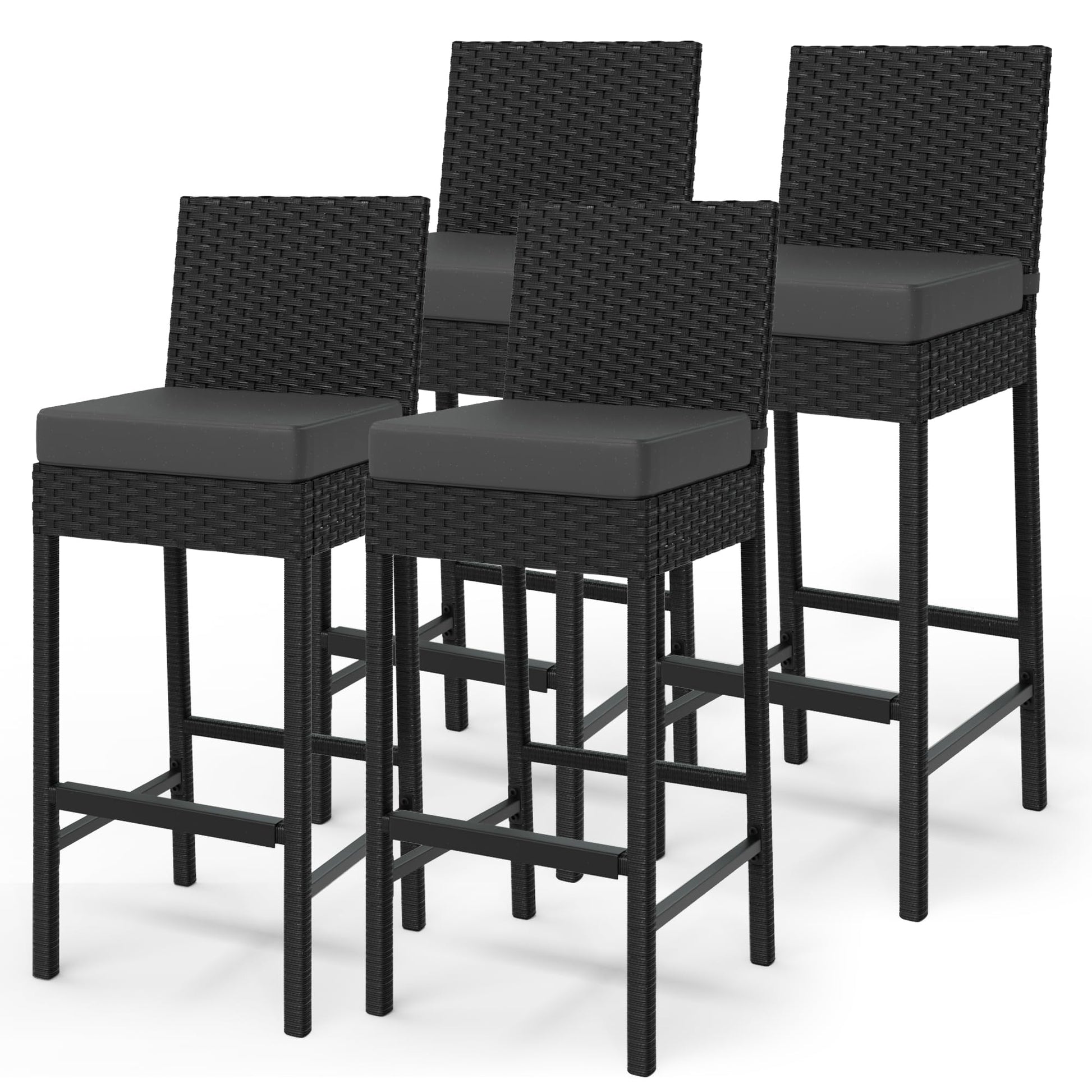Ensemble de 4 tabourets de bar d'extérieur Garvee en résine tressée - Ergonomiques et robustes - Structure en rotin PE et acier - Pour jardin et terrasse - 40,6 x 45 x 103,6 cm - Noir résistant aux intempéries