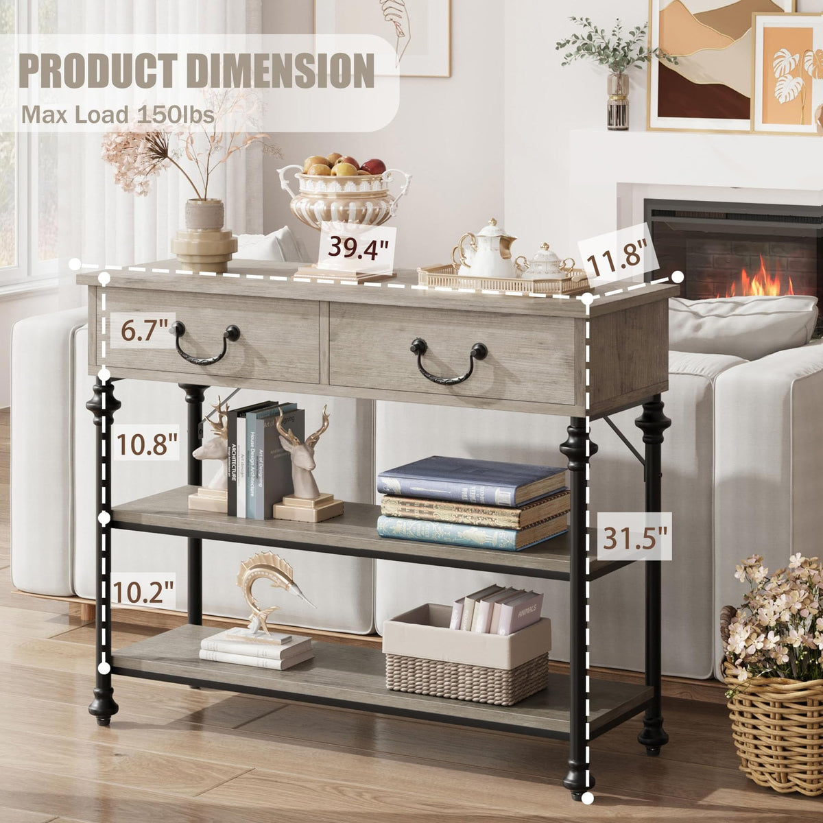 Console Garvee petite à 2 tiroirs, structure en métal, gris rustique, idéale pour l'entrée et le salon, pieds réglables, 100 cm (L) x 30 cm (P) x 80 cm (H)