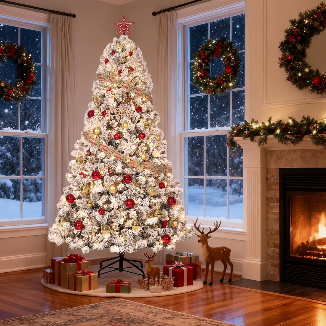 Sapin de Noël artificiel Garvee 137 cm – Effet givré, LED blanc chaud, socle en métal pour la décoration hivernale