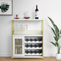 Garvee Meuble bar cave à vin 69 x 35 x 92 cm, casier à bouteilles amovible, porte-verres, structure MDF et fer doré, idéal pour salon, salle à manger et bar.