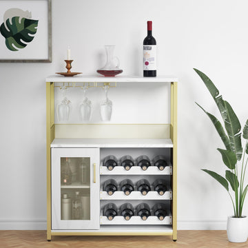 Garvee Meuble bar cave à vin 69 x 35 x 92 cm, casier à bouteilles amovible, porte-verres, structure MDF et fer doré, idéal pour salon, salle à manger et bar.