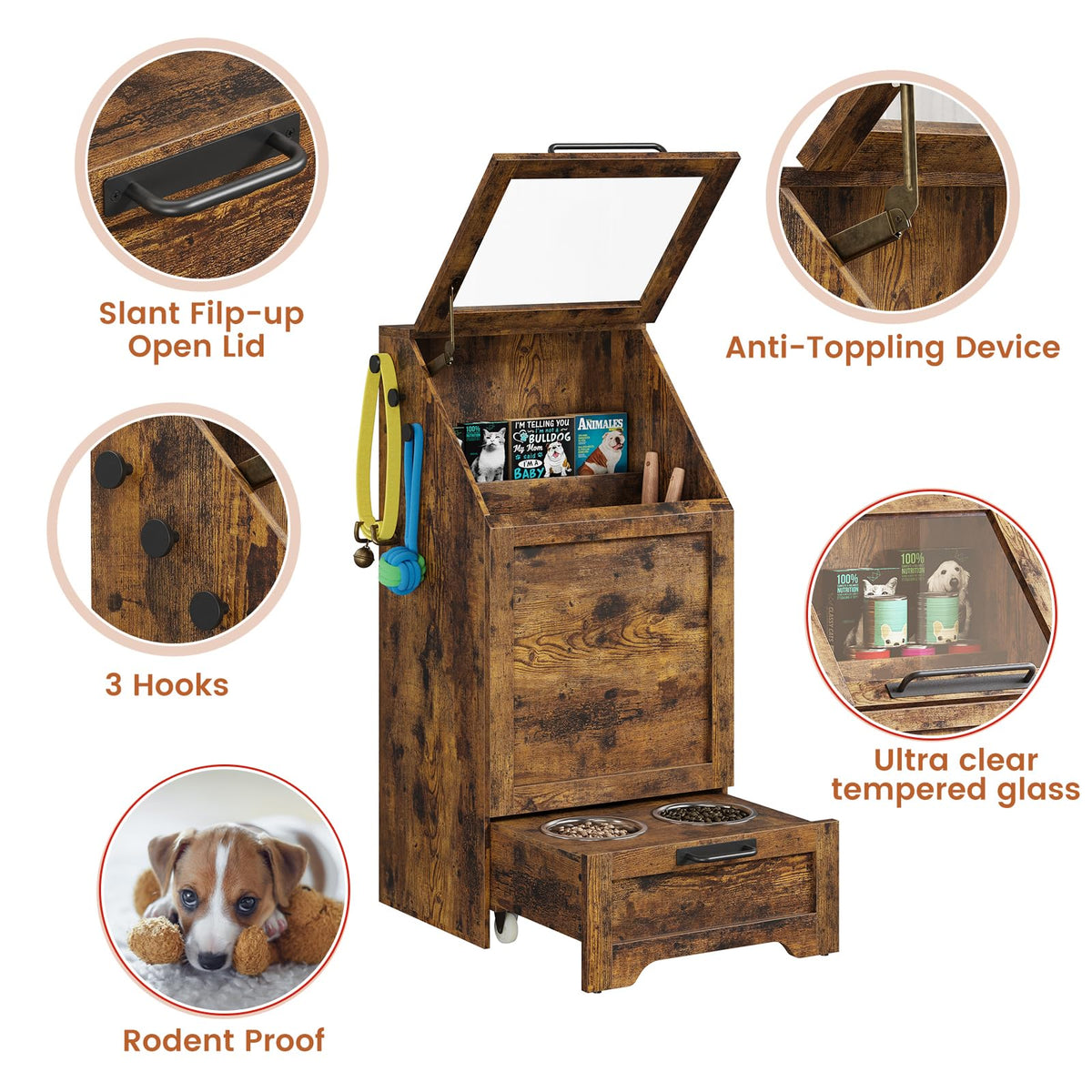 Station d'alimentation pour chien Garvee avec 2 gamelles surélevées en acier inoxydable, couvercle rabattable, grand espace de rangement pour salon et balcon, robuste, en bois, distributeur de croquettes dissimulé