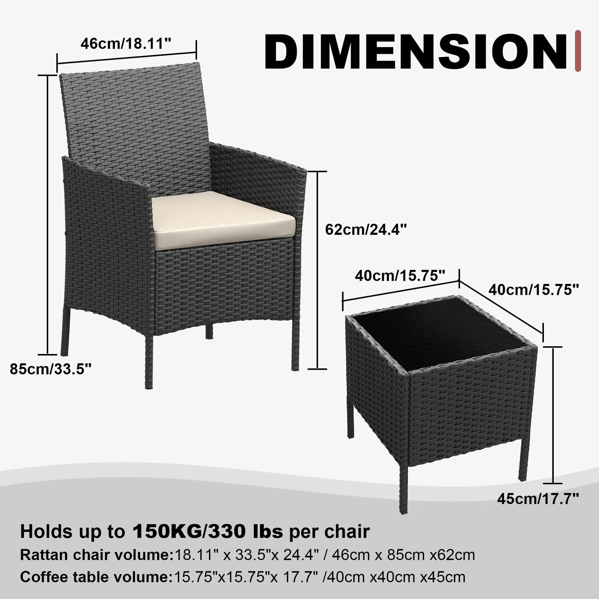 Garvee Ensemble de mobilier de jardin, 3 pièces, rotin PE, balcon/jardin, noir/beige, tous temps, ergonomique