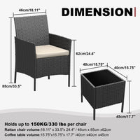 Garvee Ensemble de mobilier de jardin, 3 pièces, rotin PE, balcon/jardin, noir/beige, tous temps, ergonomique