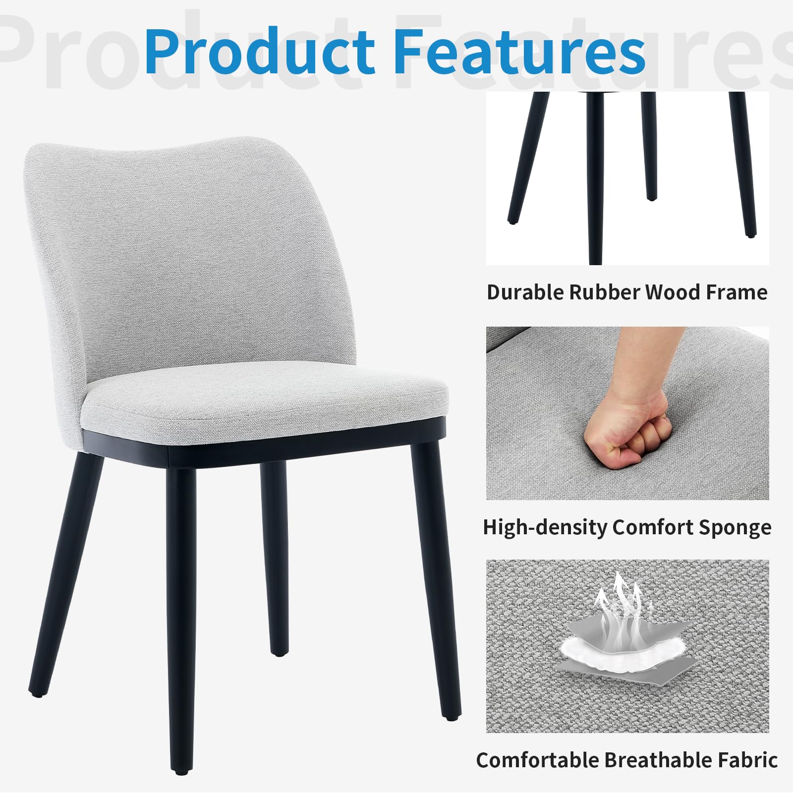 Ensemble de 2 chaises de salle à manger Garvee, revêtues de tissu avec pieds en bois, ergonomiques, modernes, grises, pour cuisine et café