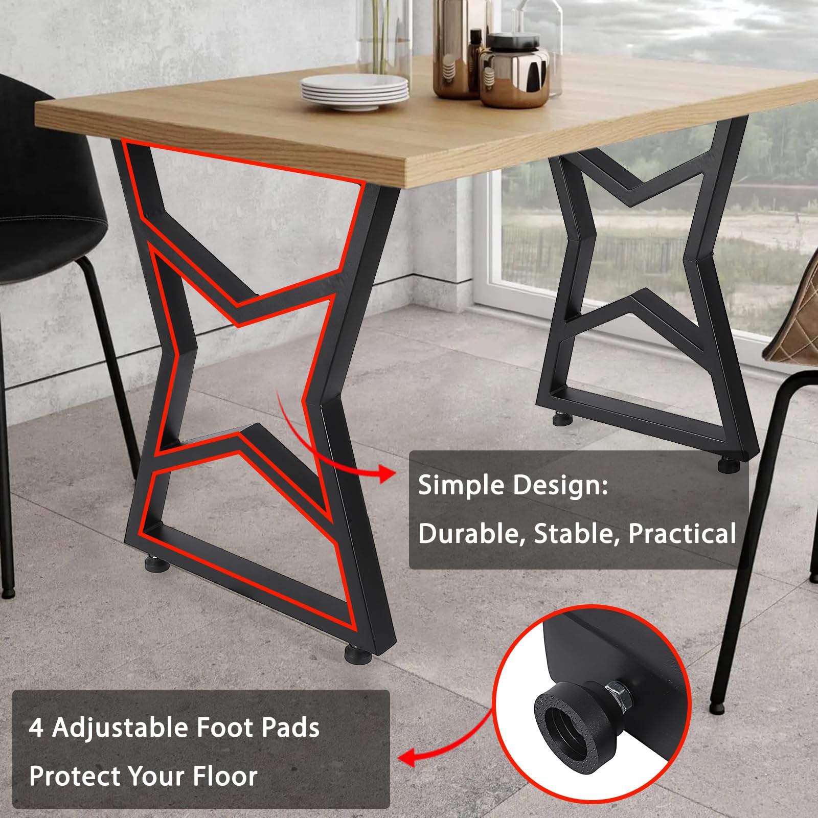 Pieds de table en métal Garvee 28 x 20 pouces, robustes, en fer forgé, réglables, pour tables de salle à manger et de jardin, noirs