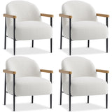 Garvee Fauteuil d’appoint milieu siècle en tissu teddy, cadre métallique robuste, pieds réglables, accoudoirs en bois, ensemble de 4 pour salon et chambre, blanc