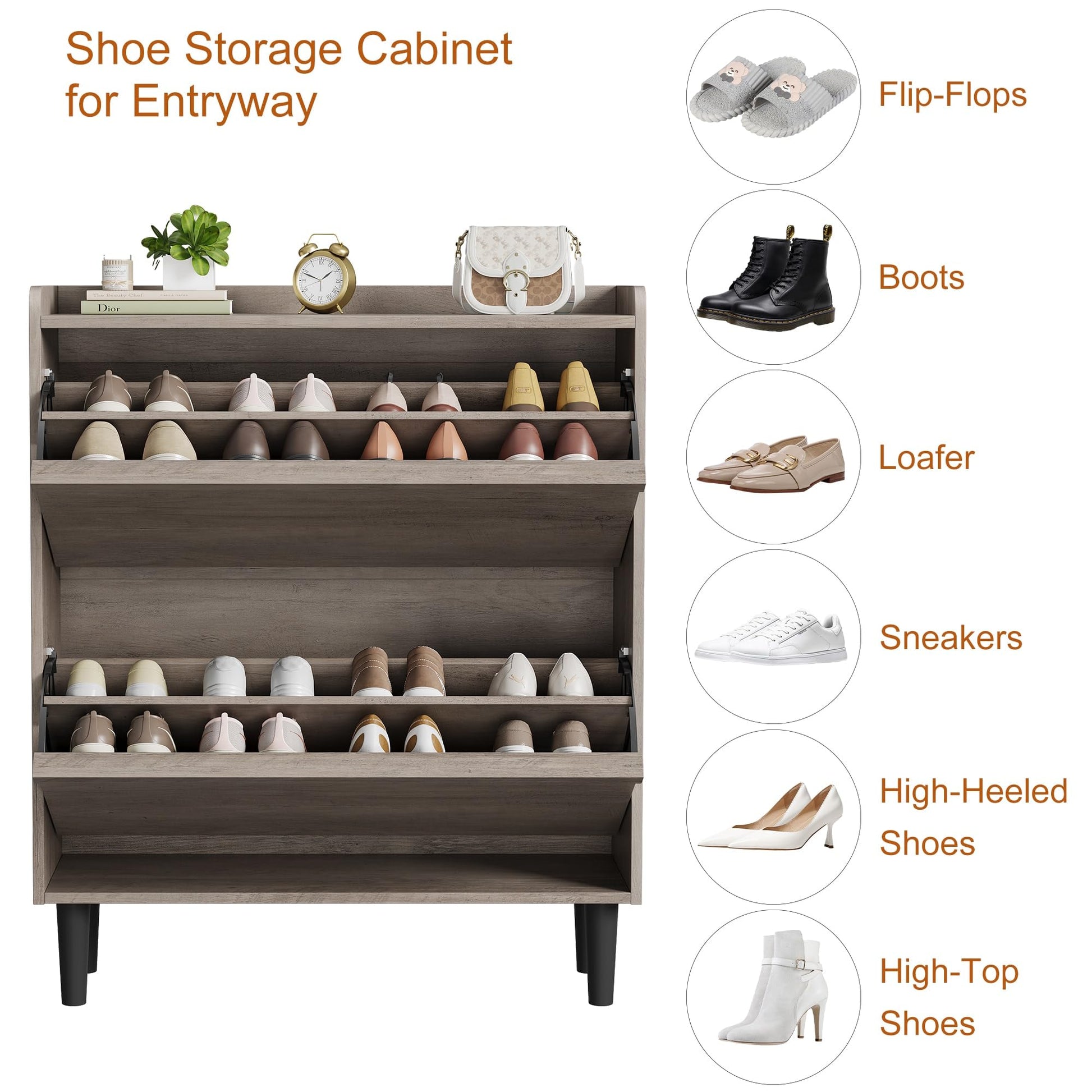 Meuble à chaussures Garvee avec 2 tiroirs abattants, étagère réglable, bois MDF, gain de place, robuste, gris, pour entrée et salon