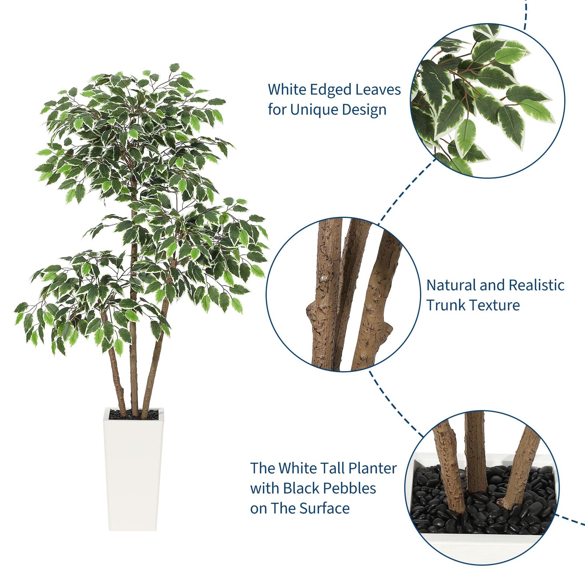 Ficus artificiel Garvee de 1,5 m avec pot haut blanc, tronc ajustable, idéal pour le salon et le bureau, blanc, base stable en terre cuite