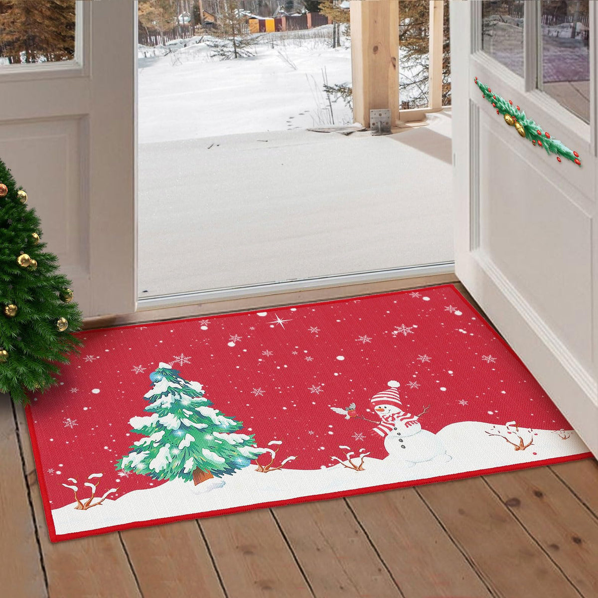 Tapis de Noël lavable Garvee avec sapin et bonhomme de neige imprimés, tapis d'extérieur antidérapant avec envers en caoutchouc, 50 x 80 cm