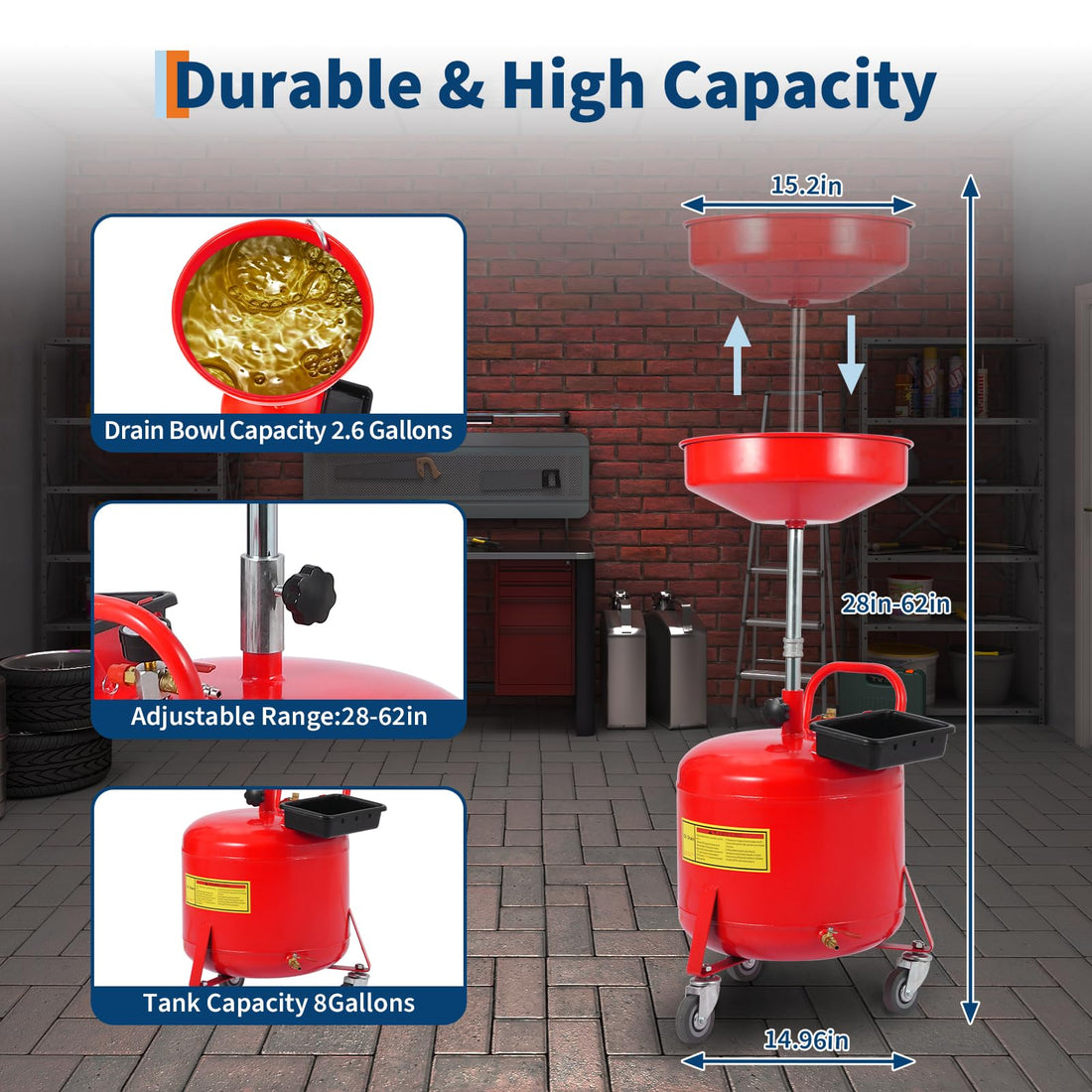 Réservoir de récupération d'huile usée Garvee de 8 gallons avec hauteur réglable et roues à 360° pour atelier et garage, en acier, mobile et anti-fuite.
