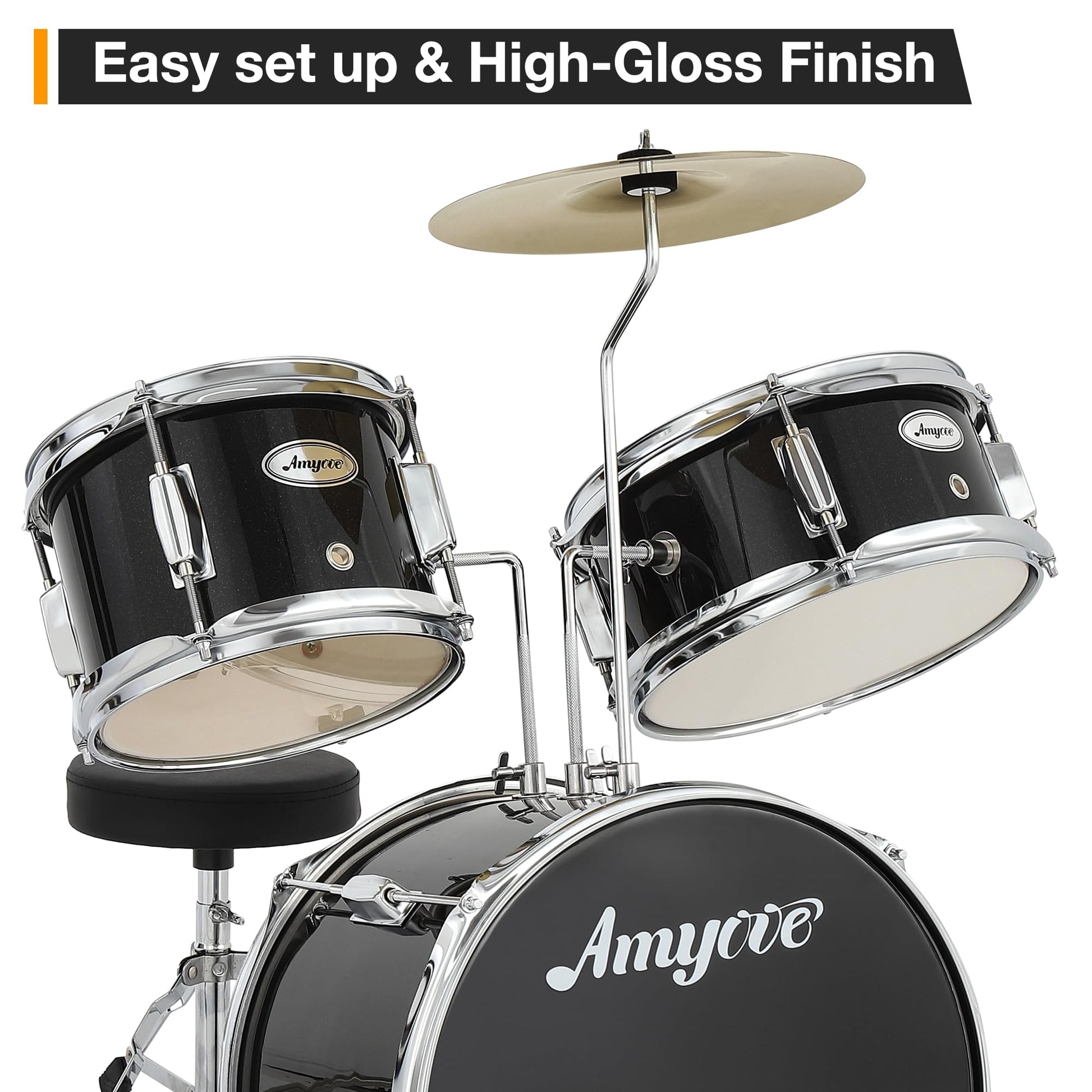 Batterie Garvee Junior 3 pièces avec cymbales, tom, grosse caisse, bois, pédale de grosse caisse, baguettes, tabouret pour chambre d'enfant, débutants, noir, 74 cm (29 pouces)